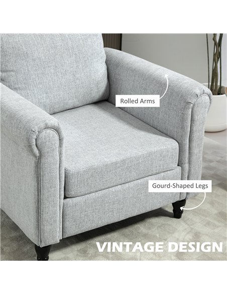 HOMCOM Vintage Accent Chair, Upholstered Occasional Chair with Back Pillow, Rolled Arms, Rubber Wood Legs, Light Grey