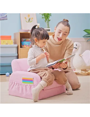 HOMCOM 2-in-1 Kids Armchair, Toddler Sofa Bed, with Wood Frame, for Bedroom, Playroom - Pink