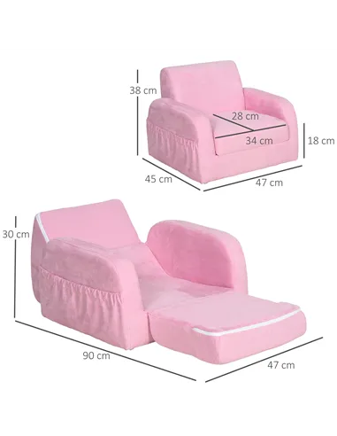 HOMCOM 2-in-1 Kids Armchair, Toddler Sofa Bed, with Wood Frame, for Bedroom, Playroom - Pink