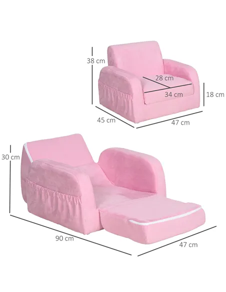 HOMCOM 2-in-1 Kids Armchair, Toddler Sofa Bed, with Wood Frame, for Bedroom, Playroom - Pink