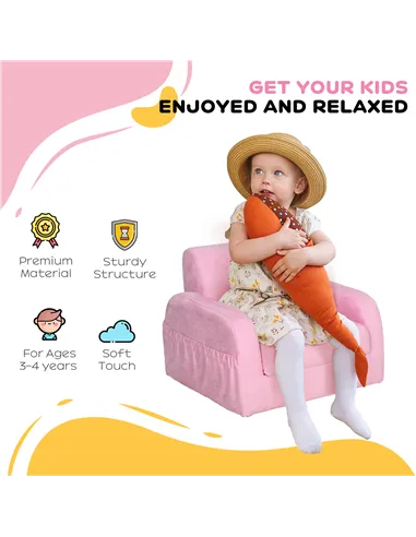 HOMCOM 2-in-1 Kids Armchair, Toddler Sofa Bed, with Wood Frame, for Bedroom, Playroom - Pink