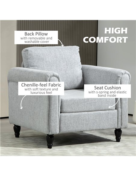 HOMCOM Vintage Accent Chair, Upholstered Occasional Chair with Back Pillow, Rolled Arms, Rubber Wood Legs, Light Grey