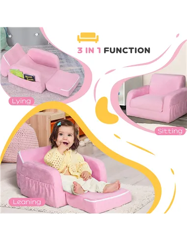HOMCOM 2-in-1 Kids Armchair, Toddler Sofa Bed, with Wood Frame, for Bedroom, Playroom - Pink