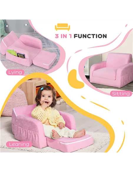 HOMCOM 2-in-1 Kids Armchair, Toddler Sofa Bed, with Wood Frame, for Bedroom, Playroom - Pink