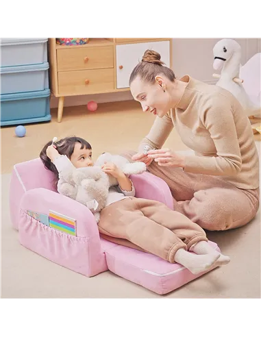 HOMCOM 2-in-1 Kids Armchair, Toddler Sofa Bed, with Wood Frame, for Bedroom, Playroom - Pink