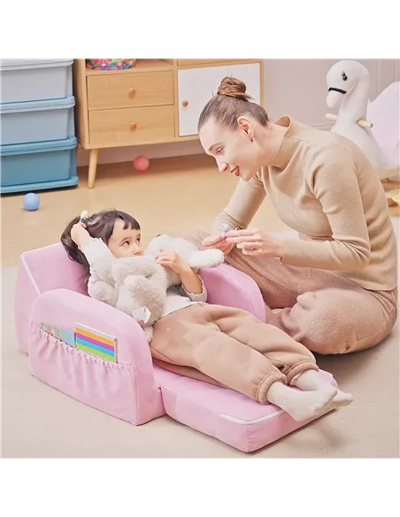 HOMCOM 2-in-1 Kids Armchair, Toddler Sofa Bed, with Wood Frame, for Bedroom, Playroom - Pink
