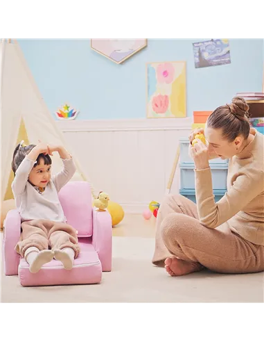 HOMCOM 2-in-1 Kids Armchair, Toddler Sofa Bed, with Wood Frame, for Bedroom, Playroom - Pink