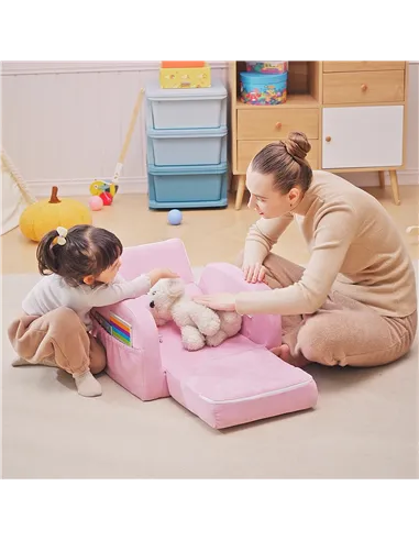 HOMCOM 2-in-1 Kids Armchair, Toddler Sofa Bed, with Wood Frame, for Bedroom, Playroom - Pink