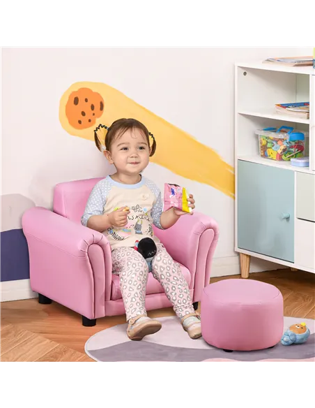 HOMCOM Toddler Chair Single Seater Kids Sofa Set, 54 x 42 x 41cm, Kids Sofa with Stool, Pink
