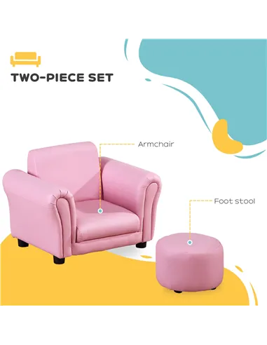 HOMCOM Toddler Chair Single Seater Kids Sofa Set, 54 x 42 x 41cm, Kids Sofa with Stool, Pink