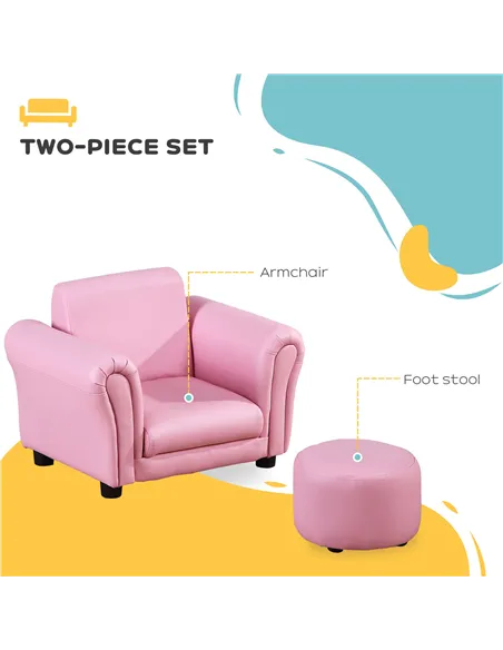 HOMCOM Toddler Chair Single Seater Kids Sofa Set, 54 x 42 x 41cm, Kids Sofa with Stool, Pink