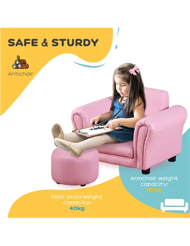 HOMCOM Toddler Chair Single Seater Kids Sofa Set, 54 x 42 x 41cm, Kids Sofa with Stool, Pink