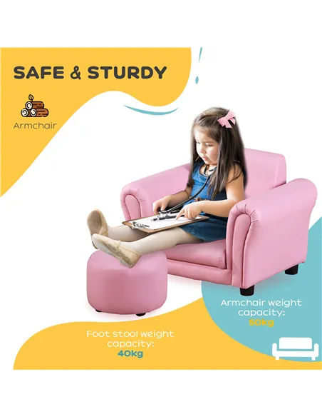 HOMCOM Toddler Chair Single Seater Kids Sofa Set, 54 x 42 x 41cm, Kids Sofa with Stool, Pink
