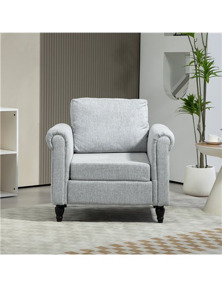 HOMCOM Vintage Accent Chair, Upholstered Occasional Chair with Back Pillow, Rolled Arms, Rubber Wood Legs, Light Grey