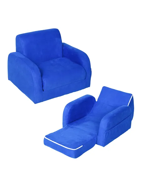 HOMCOM 2 In 1 Kids Armchair Sofa Bed Fold Out Padded Wood Frame Bedroom Blue