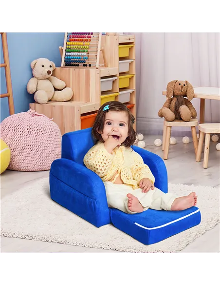 HOMCOM 2 In 1 Kids Armchair Sofa Bed Fold Out Padded Wood Frame Bedroom Blue