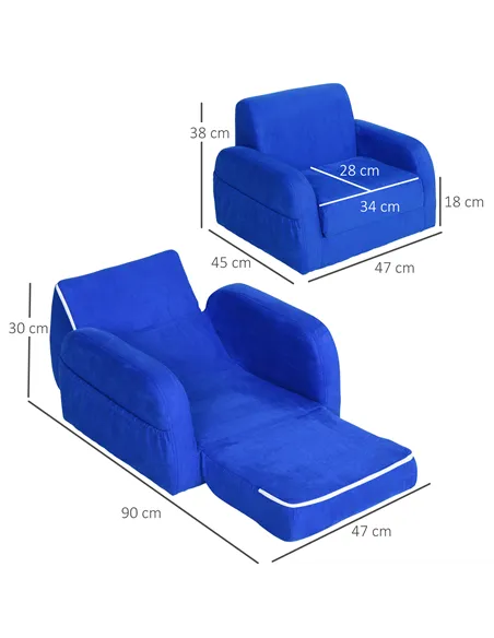 HOMCOM 2 In 1 Kids Armchair Sofa Bed Fold Out Padded Wood Frame Bedroom Blue