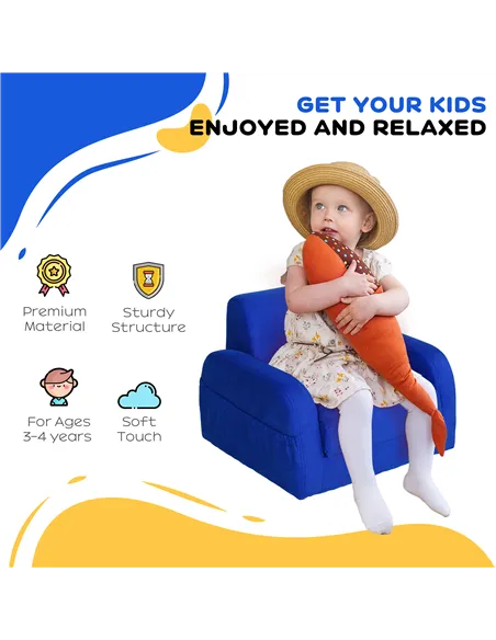 HOMCOM 2 In 1 Kids Armchair Sofa Bed Fold Out Padded Wood Frame Bedroom Blue