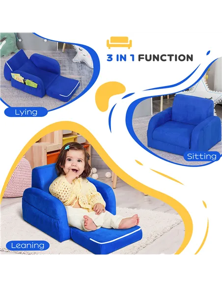 HOMCOM 2 In 1 Kids Armchair Sofa Bed Fold Out Padded Wood Frame Bedroom Blue