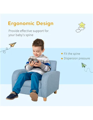 HOMCOM Children's Armchairs Toddler Chair Wood Frame Anti-Slip Legs High Back Bedroom Playroom Furniture Blue