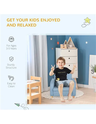 HOMCOM Children's Armchairs Toddler Chair Wood Frame Anti-Slip Legs High Back Bedroom Playroom Furniture Blue