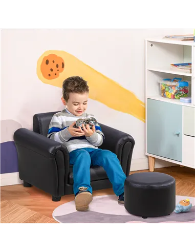 HOMCOM Toddler Chair Single Seater Kids Sofa Set, 54 x 42 x 41cm, Kids Sofa with Stool, Black