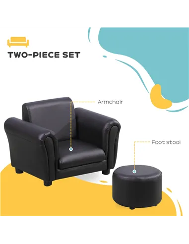HOMCOM Toddler Chair Single Seater Kids Sofa Set, 54 x 42 x 41cm, Kids Sofa with Stool, Black