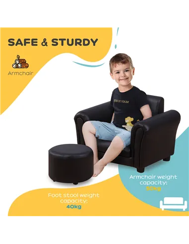 HOMCOM Toddler Chair Single Seater Kids Sofa Set, 54 x 42 x 41cm, Kids Sofa with Stool, Black