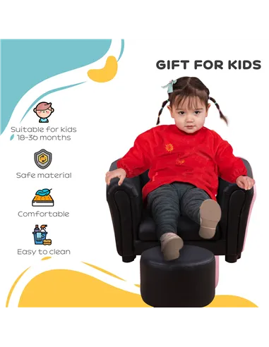 HOMCOM Toddler Chair Single Seater Kids Sofa Set, 54 x 42 x 41cm, Kids Sofa with Stool, Black