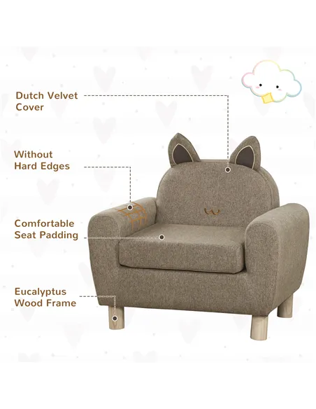 HOMCOM Kids Sofa Toddler Chair Children Armchair for Preschool Bedroom Playroom with Ear Modeling Wood Brown
