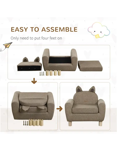 HOMCOM Kids Sofa Toddler Chair Children Armchair for Preschool Bedroom Playroom with Ear Modeling Wood Brown