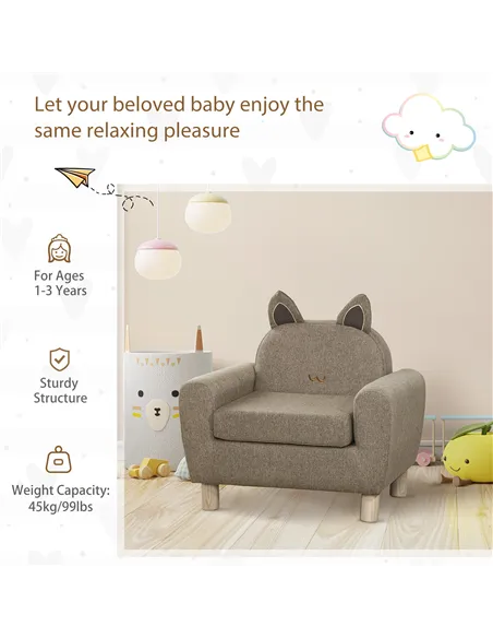 HOMCOM Kids Sofa Toddler Chair Children Armchair for Preschool Bedroom Playroom with Ear Modeling Wood Brown
