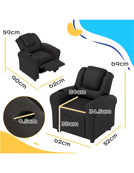 HOMCOM Kids Recliner Chair, PU Leather with Adjustable Backrest, Footrest, Padded Headrest, Black