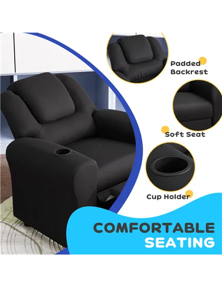 HOMCOM Kids Recliner Chair, PU Leather with Adjustable Backrest, Footrest, Padded Headrest, Black