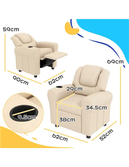 HOMCOM Kids Recliner Chair, PU Leather with Adjustable Backrest, Footrest, Padded Headrest, Beige