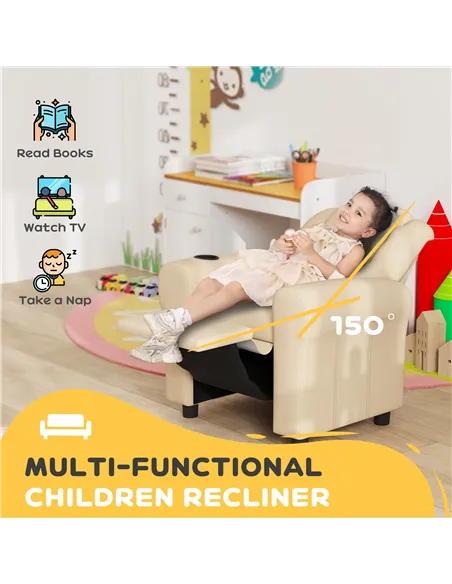 HOMCOM Kids Recliner Chair, PU Leather with Adjustable Backrest, Footrest, Padded Headrest, Beige
