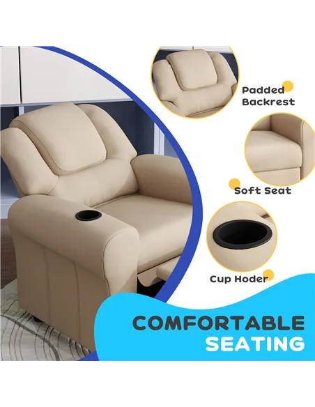 HOMCOM Kids Recliner Chair, PU Leather with Adjustable Backrest, Footrest, Padded Headrest, Beige