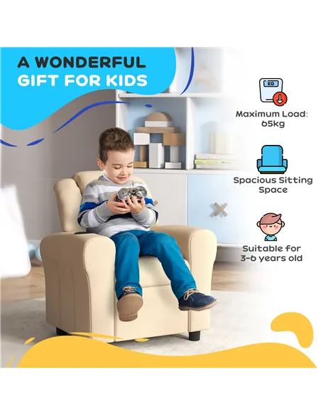 HOMCOM Kids Recliner Chair, PU Leather with Adjustable Backrest, Footrest, Padded Headrest, Beige