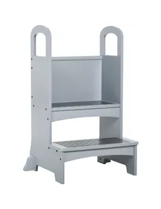 HOMCOM Kids Wooden Step Stool Kitchen Helper w/ Non-Slip Panels Handles Child Toddler Home Help 3 - 8 Yrs Grey