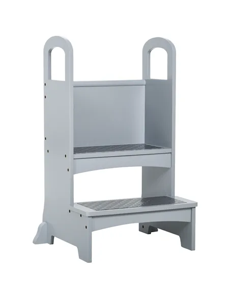 HOMCOM Kids Wooden Step Stool Kitchen Helper w/ Non-Slip Panels Handles Child Toddler Home Help 3 - 8 Yrs Grey