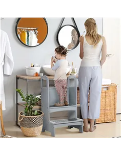HOMCOM Kids Wooden Step Stool Kitchen Helper w/ Non-Slip Panels Handles Child Toddler Home Help 3 - 8 Yrs Grey 2