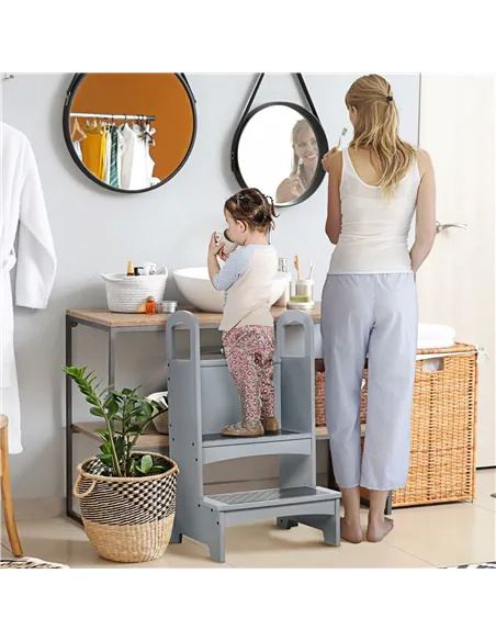 HOMCOM Kids Wooden Step Stool Kitchen Helper w/ Non-Slip Panels Handles Child Toddler Home Help 3 - 8 Yrs Grey