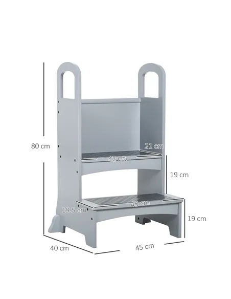 HOMCOM Kids Wooden Step Stool Kitchen Helper w/ Non-Slip Panels Handles Child Toddler Home Help 3 - 8 Yrs Grey