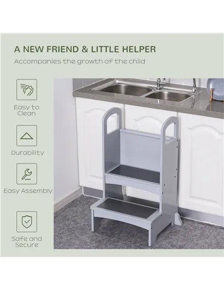 HOMCOM Kids Wooden Step Stool Kitchen Helper w/ Non-Slip Panels Handles Child Toddler Home Help 3 - 8 Yrs Grey