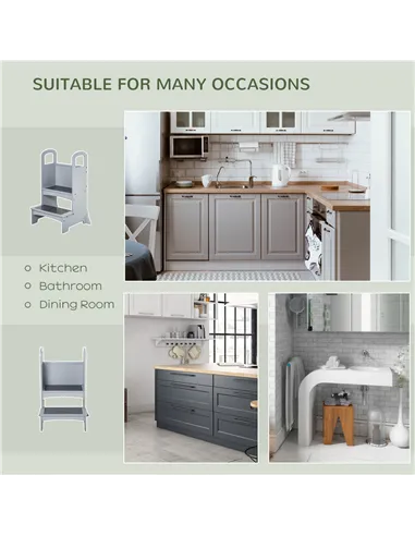 HOMCOM Kids Wooden Step Stool Kitchen Helper w/ Non-Slip Panels Handles Child Toddler Home Help 3 - 8 Yrs Grey