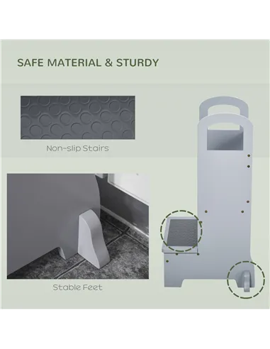 HOMCOM Kids Wooden Step Stool Kitchen Helper w/ Non-Slip Panels Handles Child Toddler Home Help 3 - 8 Yrs Grey