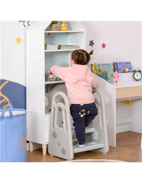 HOMCOM Kids Toddler Step Stool Ladder Kitchen Helper for Toilet Potty Training Bathroom Sink Bedroom Blue and Grey