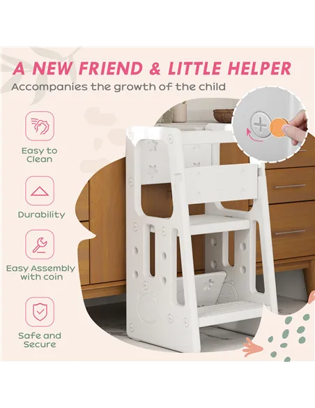 HOMCOM Kids Step Stool, Adjustable Standing Platform, Toddler Kitchen Stool, White
