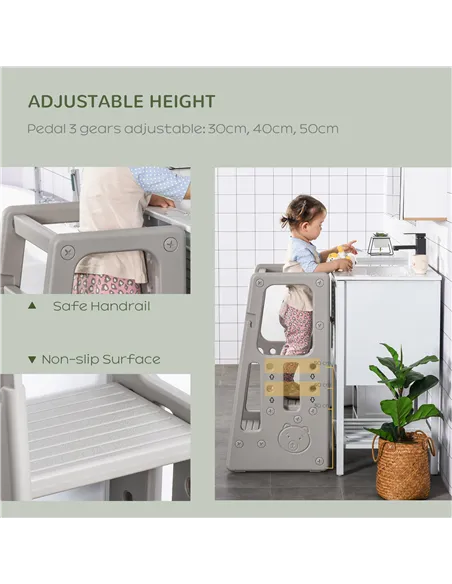 HOMCOM Kids Step Stool, with Adjustable Platform and Non-Slip Mat – Grey