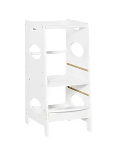 HOMCOM Toddler Step Stool Kids Adjustable Standing Tower with Safety Rail for Kitchen Counter White